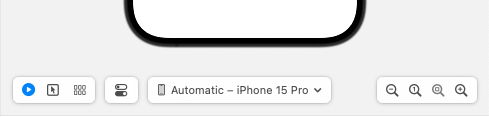 Xcode toolbar showing device selection dropdown set to "Automatic – iPhone 15 Pro" with preview and inspection tool icons